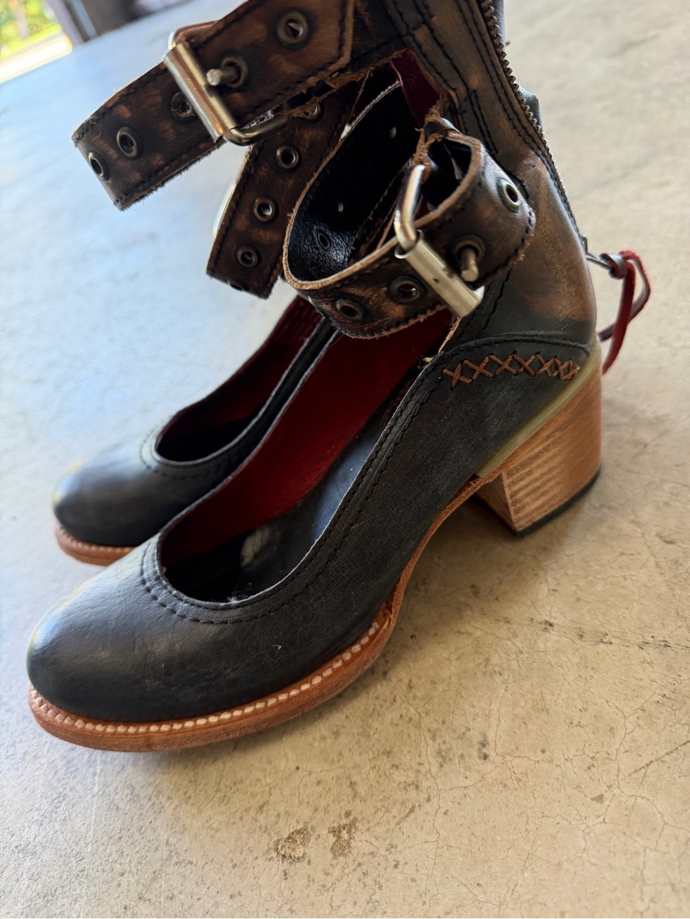 Freebird by Steven Black Leather Ankle-Strap Block Heels with Brown Accents